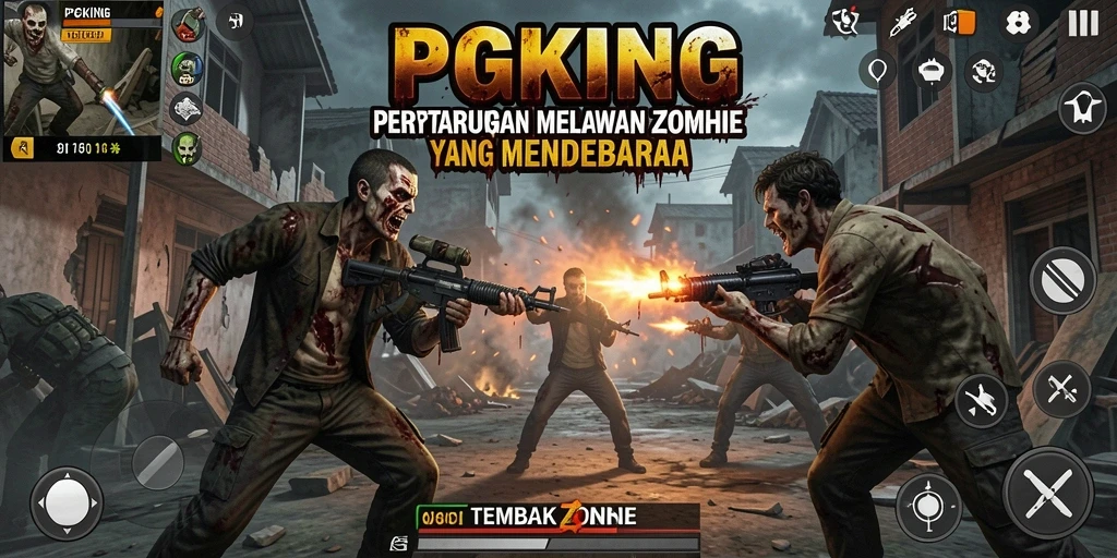 Tampilan antarmuka <strong>PGKING</strong> saat menembak zombie yang mendebarkan.